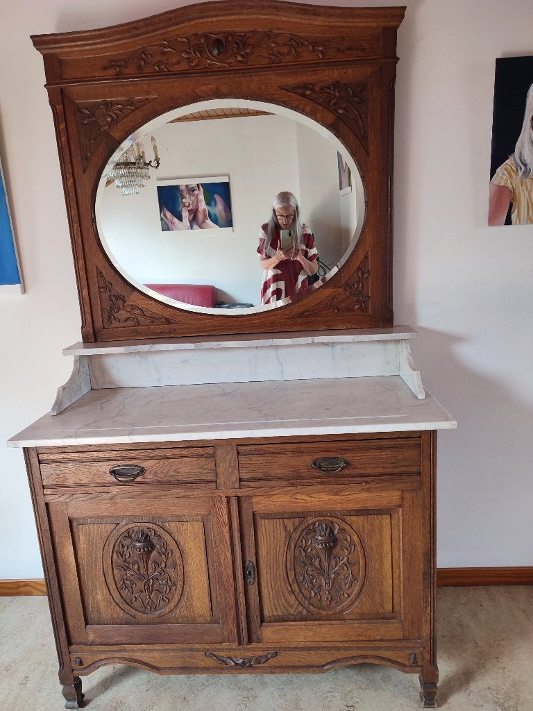 kast met marmeren blad en spiegel, Huis en Inrichting, Ophalen, Gebruikt, Antiek