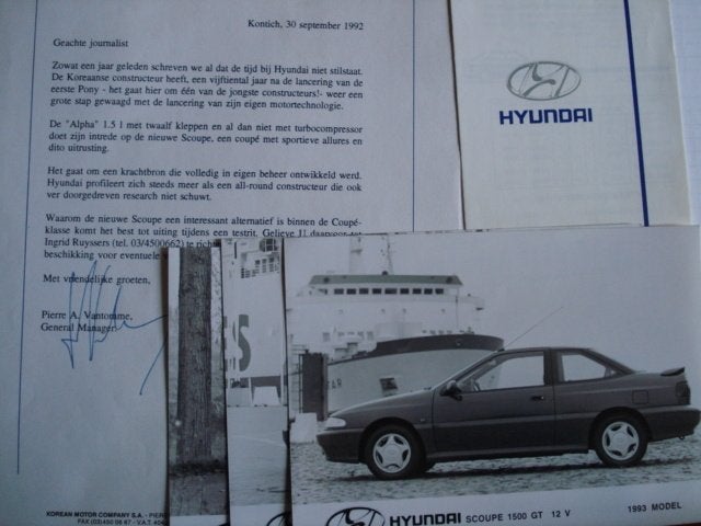 Hyundai Scoupé 1500 GT 12v 1993 Persfoto press LOT van 3, Verzenden, Gelezen, Overige merken