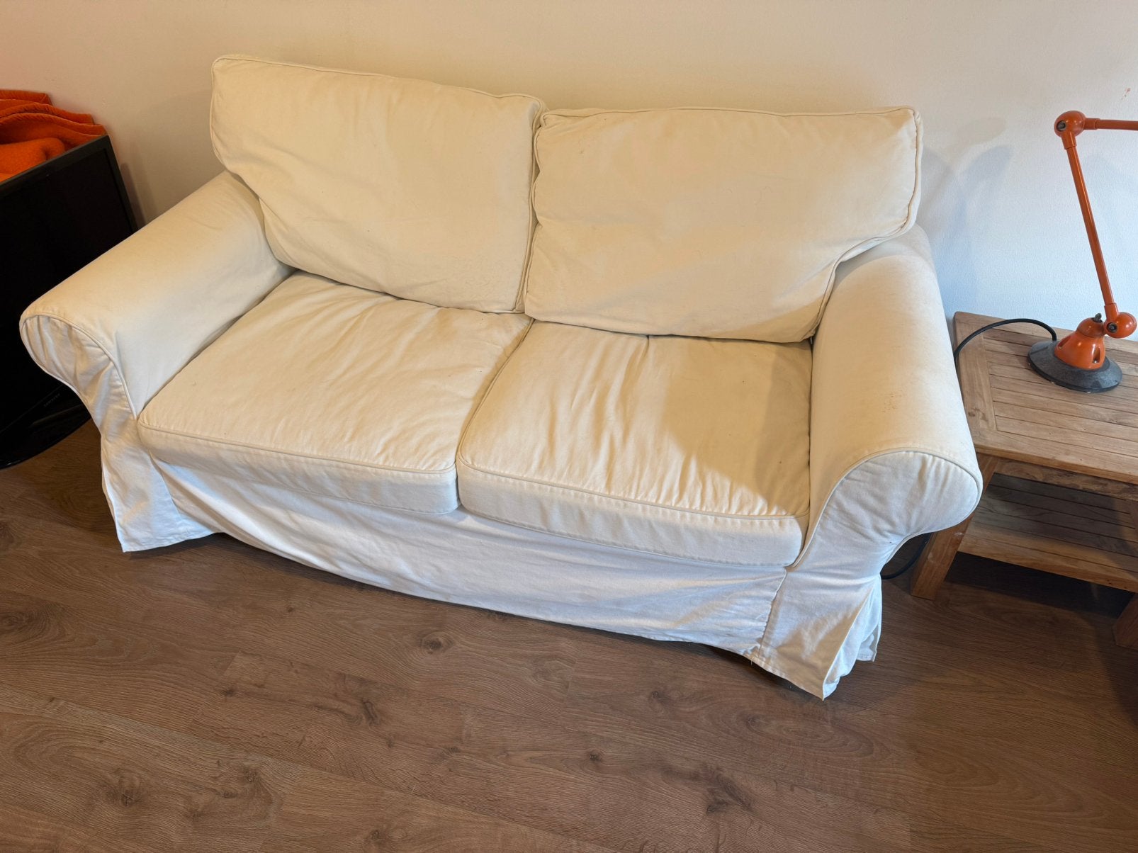 Canapé IKEA EKTORP 2 places, tissu blanc — bon etat, Maison & Meubles, Enlèvement, Utilisé, Deux personnes, Blanc