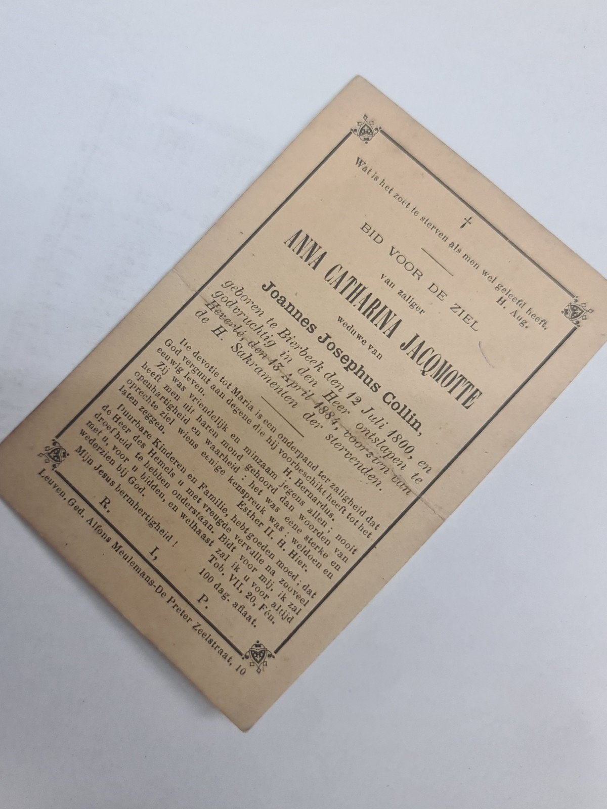 Carte de prière d'Anna Catharina Jacamotte, Collections, Enlèvement ou Envoi, Image pieuse
