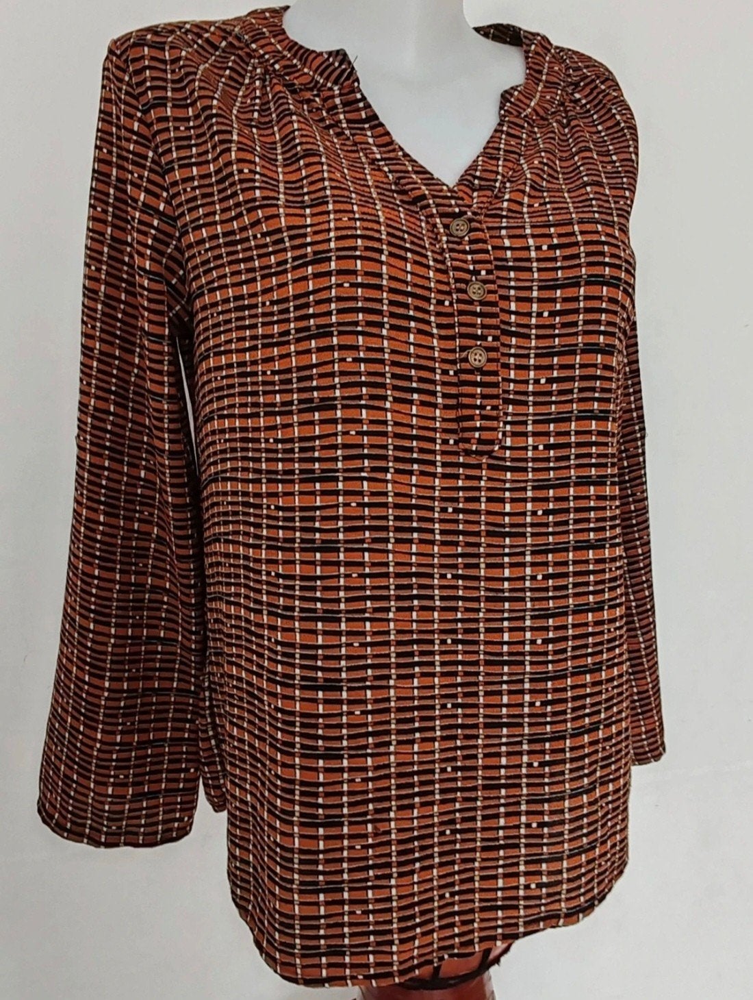 Etnische tuniekblouse roestzwart ecru lange mouwen, Kleding | Dames, Ophalen of Verzenden, Zo goed als nieuw, Maat 38/40 (M)