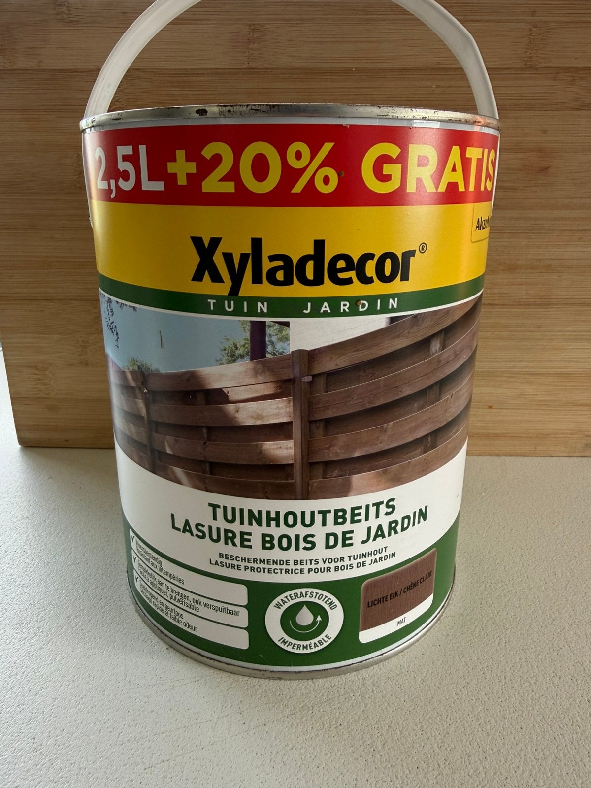 Tuinhoutbeits Xyladecor 2,5L lichte eik, Ophalen, Zo goed als nieuw
