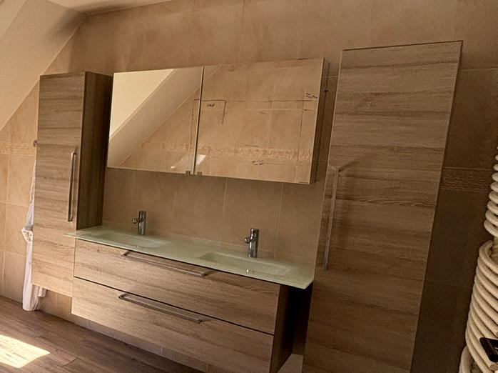 spiegelkast, 1 kolomkast, dubbele lavabo en 2 kranen, Ophalen, Zo goed als nieuw, 100 tot 150 cm, Spiegelkast