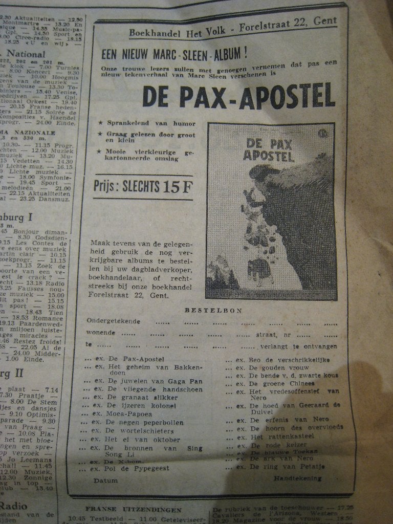 Vooraankondiging Marc Sleen De Pax-Apostel 1958 Het Volk, Gelezen, Verzenden, Marc sleen, Eén stripboek