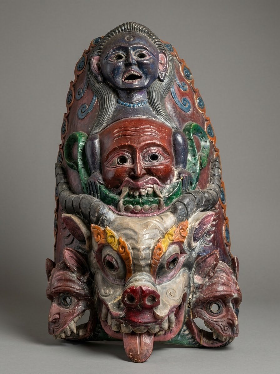 Grand masque ancien du Nepal en bois peint, Antiquités & Art, Enlèvement, Masque, Peint, Bois