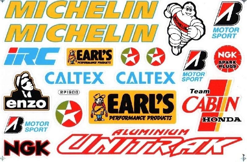 Michelin NGK Caltex Bridgestone Earls stickerset motor helm, Ophalen of Verzenden