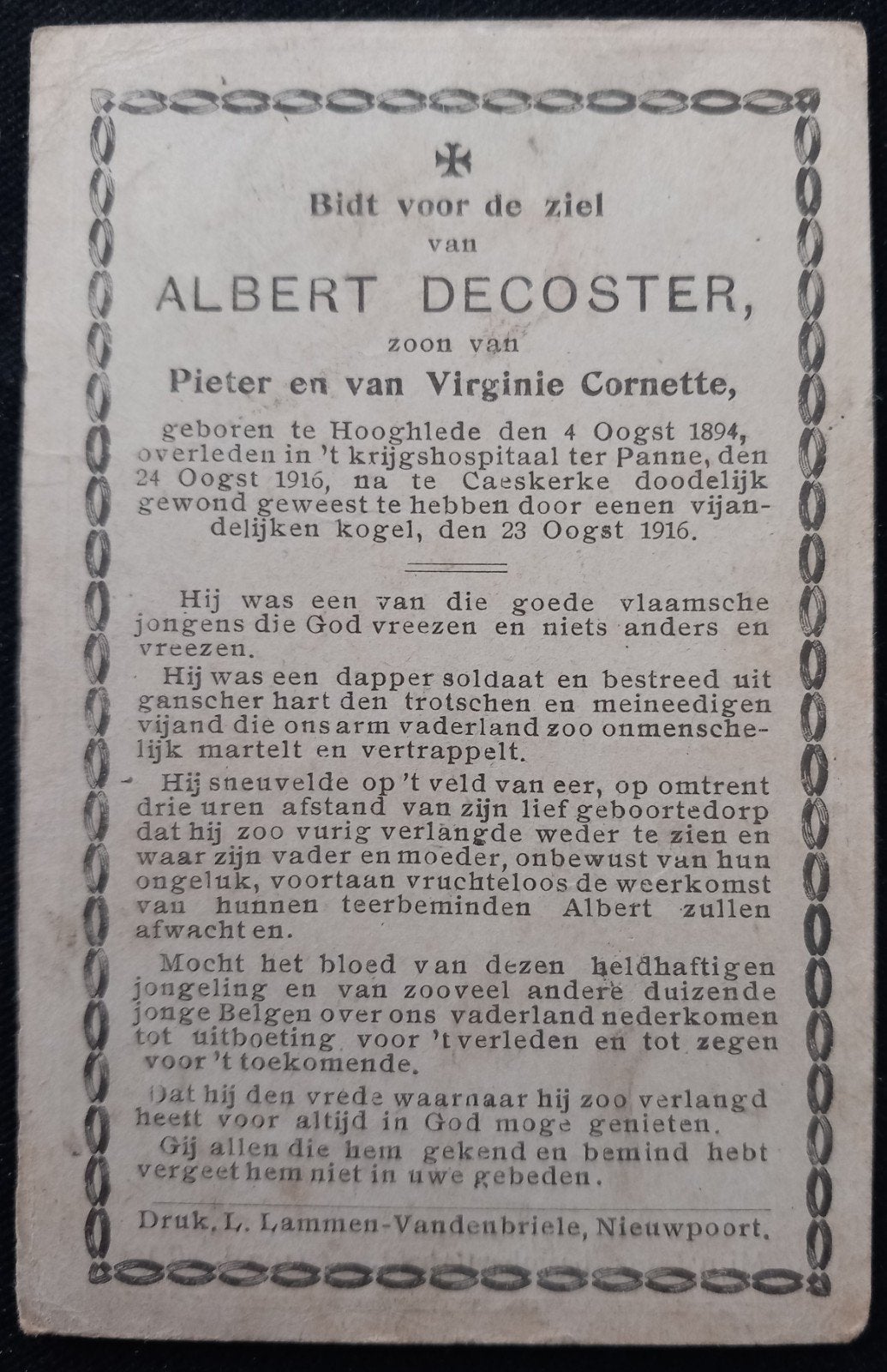 Bidprent WO1, Verzamelen, Bidprentjes en Rouwkaarten, Ophalen of Verzenden