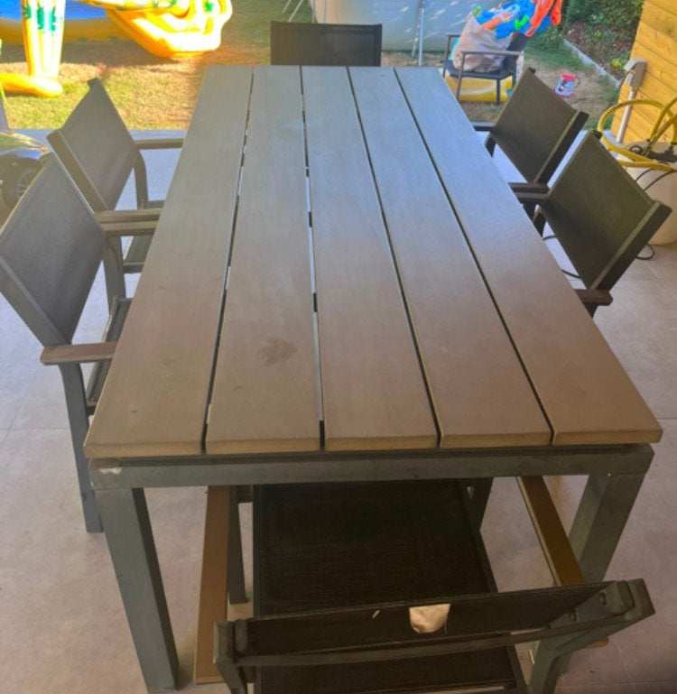 Terrastafel 200 lengte x 92 br x 76 h en 6 stoelen, Tuin en Terras, Tuintafels, Ophalen, Gebruikt, Rechthoekig