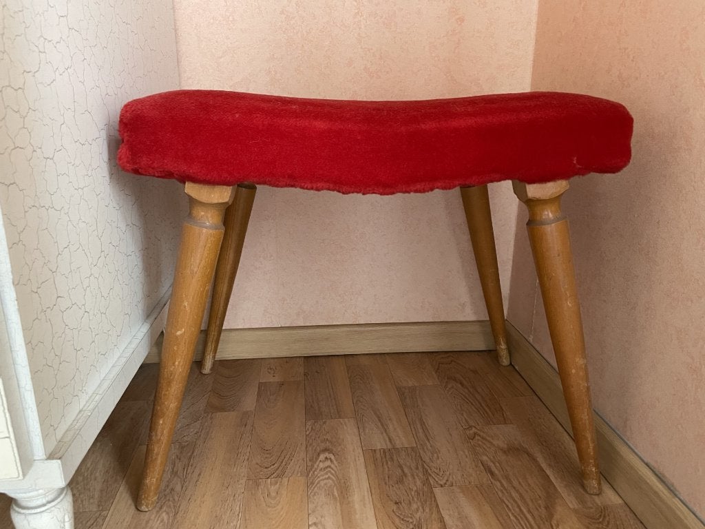 Vintage tabouret in rood fluweel, jaren 60, Enlèvement