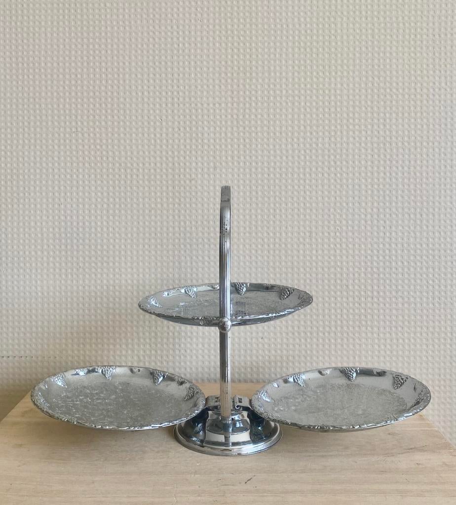 Zilverkleurige etagere met 3 schalen, Ophalen of Verzenden, Gebruikt