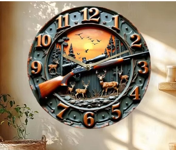 Horloge murale ronde en bois Fusil de chasse (25cm), Enlèvement ou Envoi, Neuf, Horloge murale