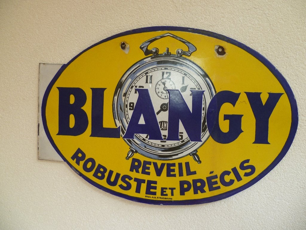 EMAILLE RECLAMEBORD"BLANGY REVEIL"UIT JAREN 20/30, Ophalen of Verzenden, Gebruikt, Reclamebord