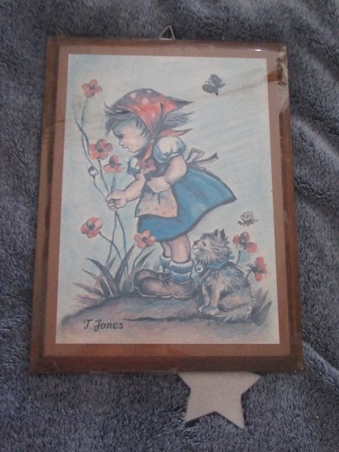 Ingelijste vintage houten wandplaat met meisje - T. Jones, Enlèvement ou Envoi