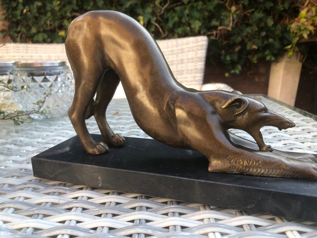 bronzen sculptuur strekkende windhond hond, Ophalen of Verzenden, Brons, Beeld