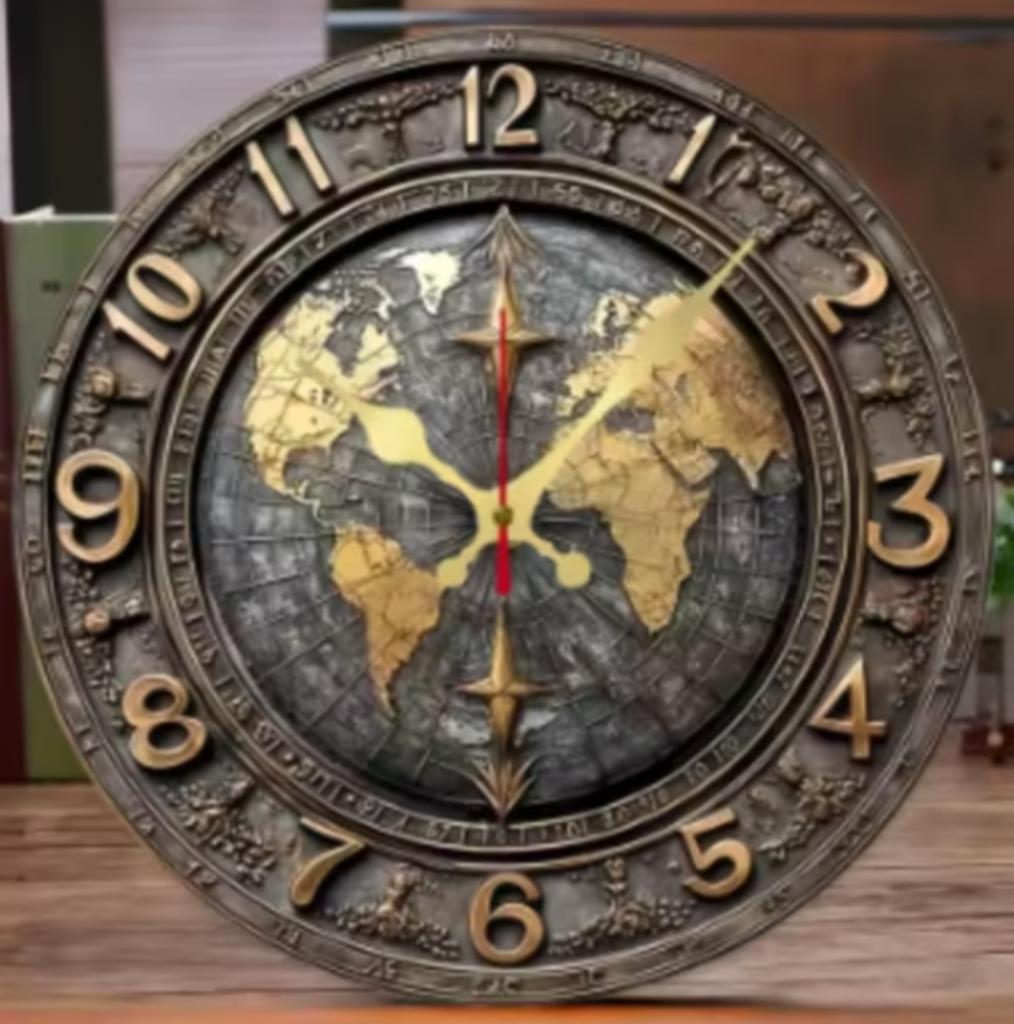 Horloge murale ronde en bois Vintage World Map gris (25cm), Enlèvement ou Envoi, Neuf, Horloge murale