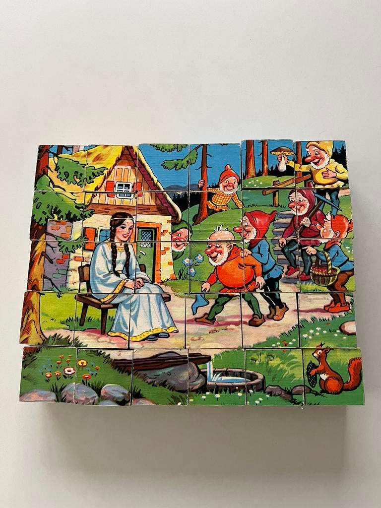 Vintage blokpuzzel (6 puzzels in 1), Gebruikt, 10 tot 50 stukjes, Ophalen of Verzenden, Van hout