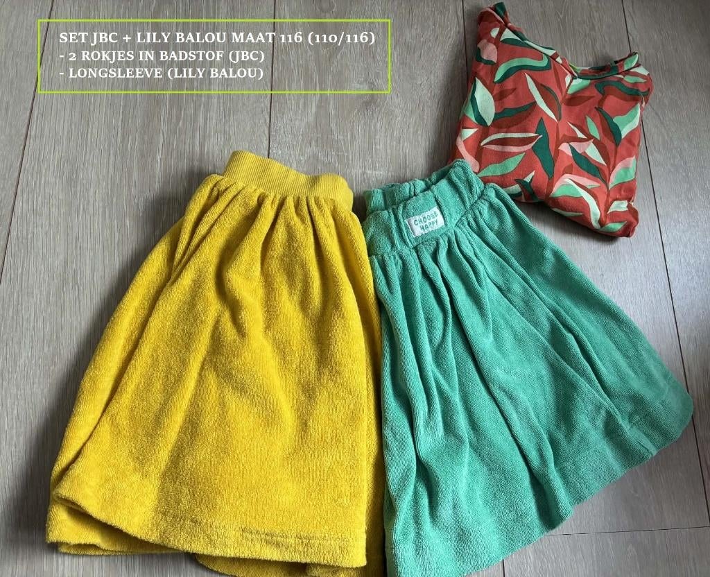 Setje maat 116: 2 rokjes JBC + longsleeve Lily Balou, Kinderen en Baby's, Kinderkleding | Maat 116, Gebruikt, Meisje, Ophalen of Verzenden