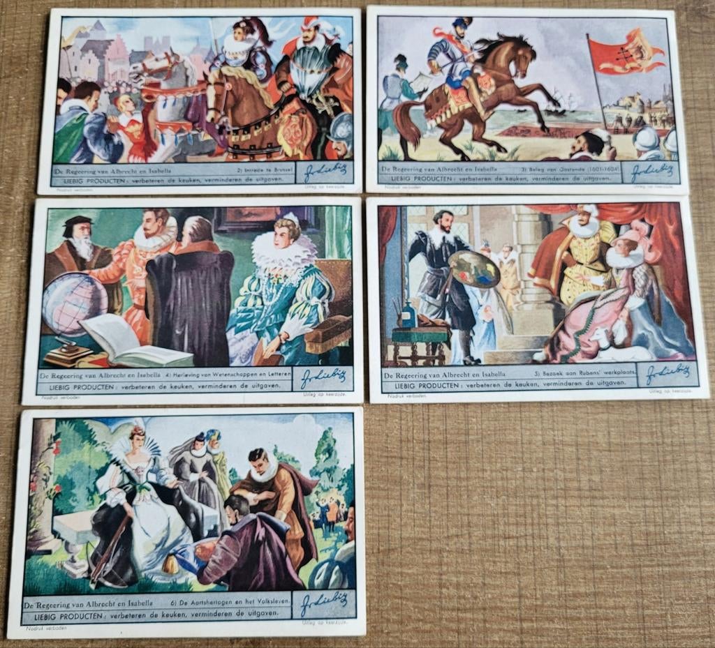 5 oude Liebig prenten: De regeering van Albrecht en Isabella, Enlèvement ou Envoi, Utilisé, Autres sujets/thèmes, Gravure