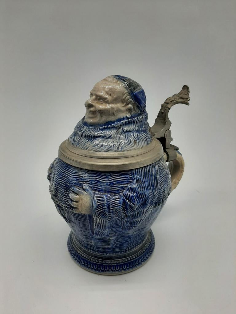 Vintage bierkruik (van steen en tin) oud, Ophalen of Verzenden