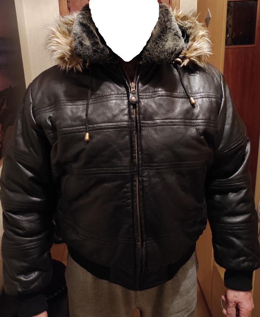 Leren winterjas met capuchon en afneembare kunstbontkraag., Kleding | Heren, Ophalen, Zo goed als nieuw, Maat 52/54 (L), Zwart