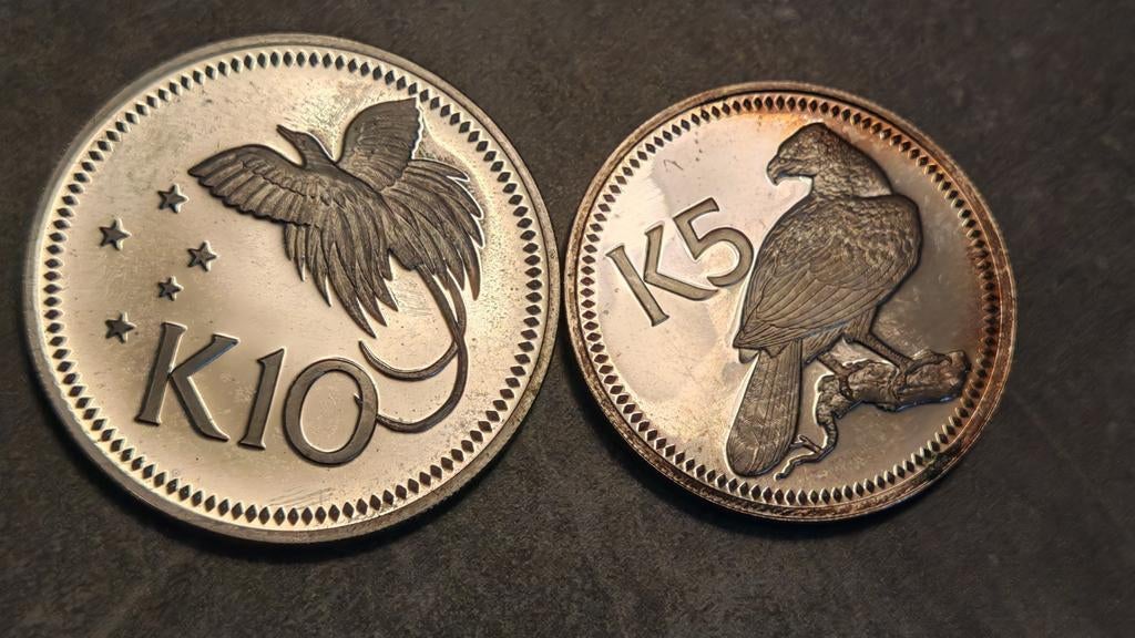 Papua New Guinea, 10 Kina 1975+5 Kina 1975 zilver Proof., Ophalen of Verzenden, Setje, Zilver