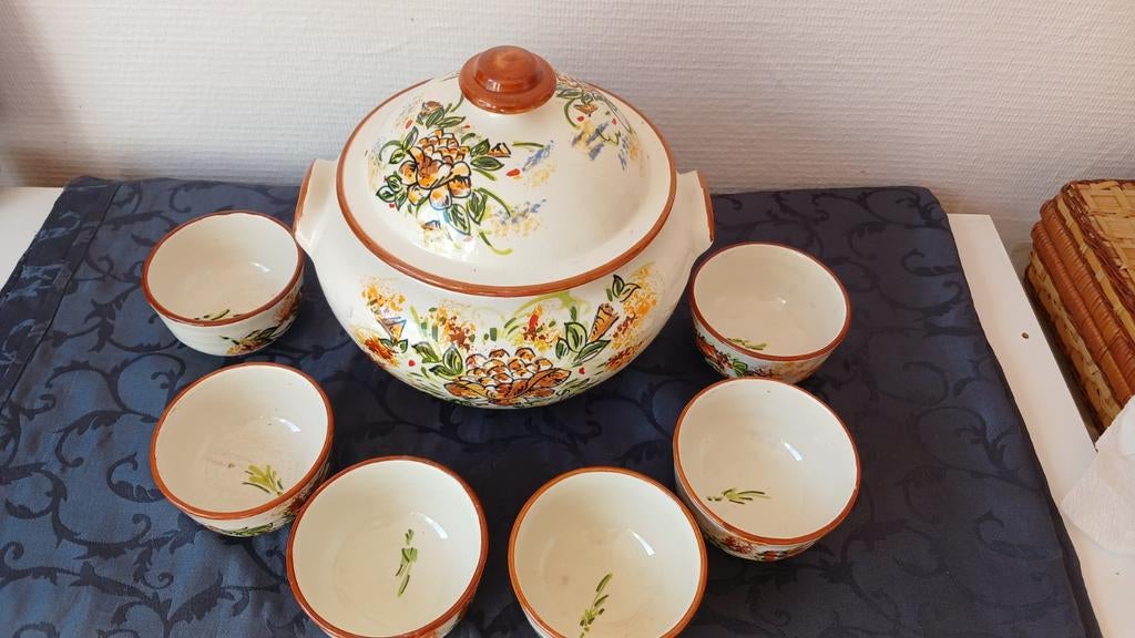 Vintage soeppan + 6 kommen — gesigneerd Zouma —, Antiek en Kunst, Antiek | Servies compleet, Ophalen