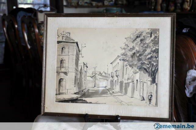 encre de chine signée haubourdin "rue de village inconnu ", Antiquités & Art, Enlèvement ou Envoi