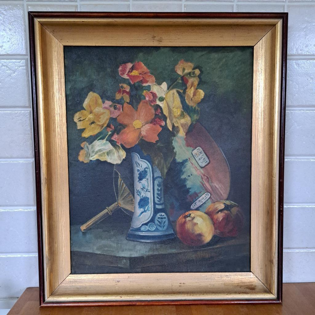 Schilderij en fotolijst olieverf op doek bloemen en vaas, Antiek en Kunst, Ophalen