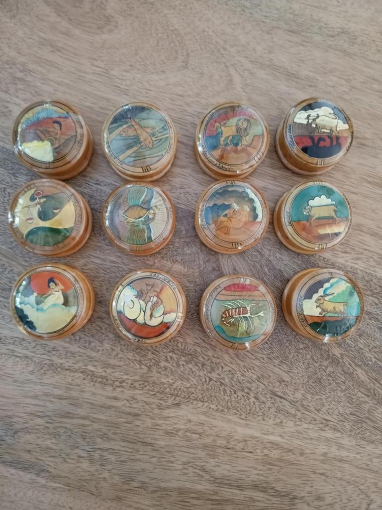 Vintage houten potjes met sterrenbeeld, Antiek en Kunst, Ophalen of Verzenden