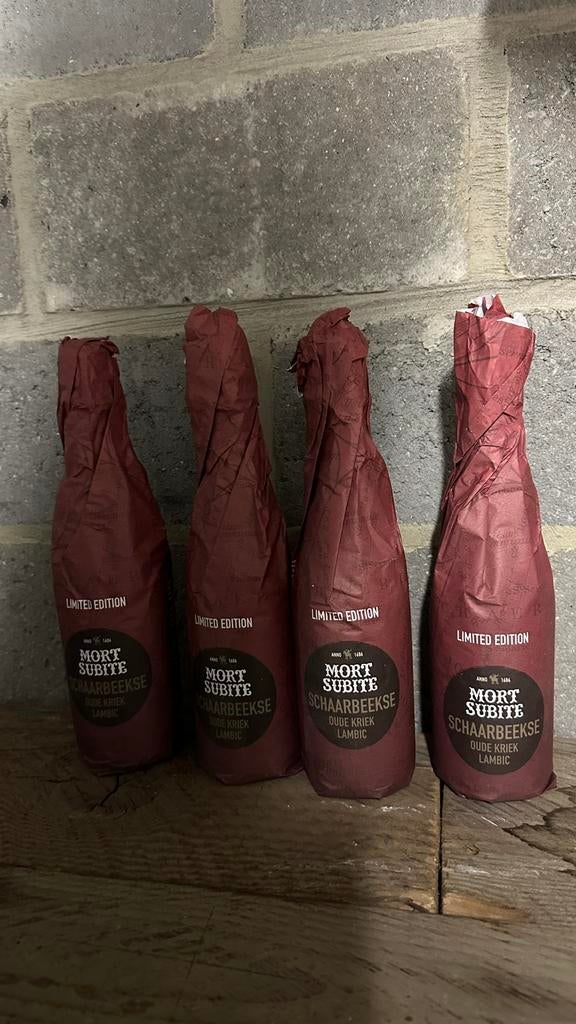 4x 37,5cl Mort Subite oude schaarbeekse kriek 2018, Ophalen, Zo goed als nieuw
