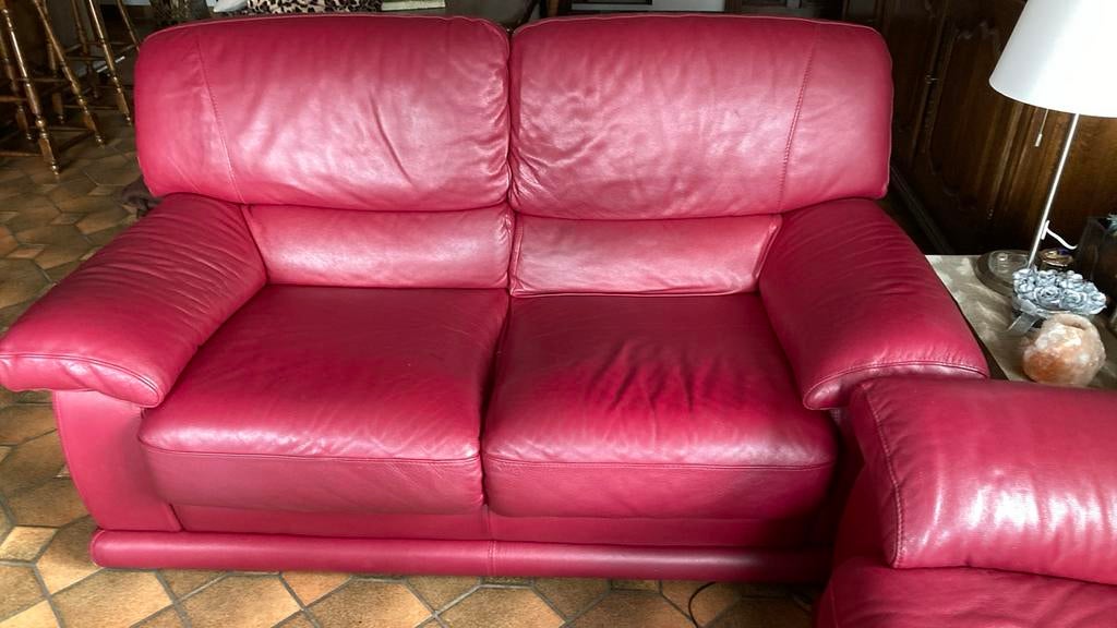 Lederen salon bordeaux, Huis en Inrichting, Ophalen, Zo goed als nieuw