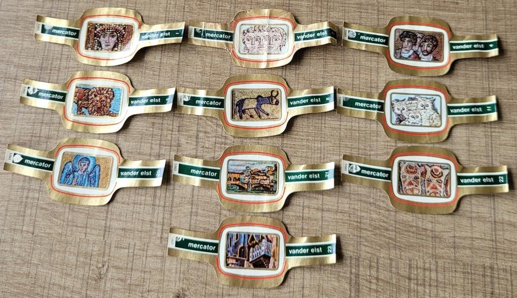 10 oude sigarenbandjes reeks Mozaïeken, Enlèvement ou Envoi, Utilisé, Bagues de cigare