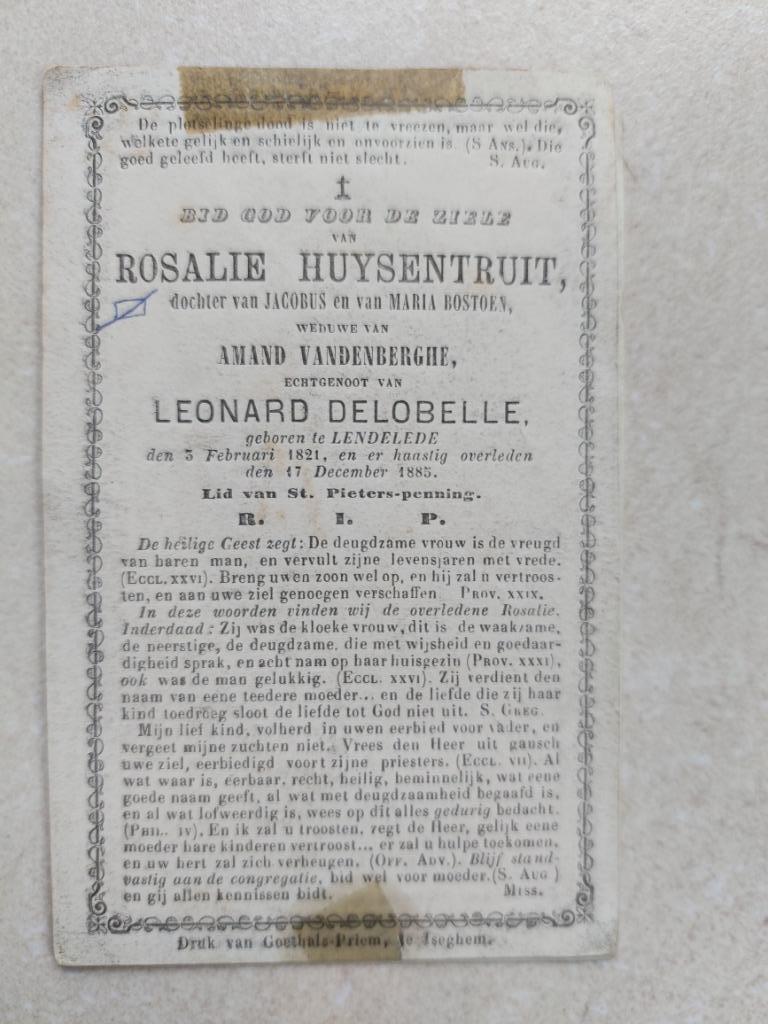 bidprentje Lendelede 1821-1885, Collections, Envoi, Image pieuse