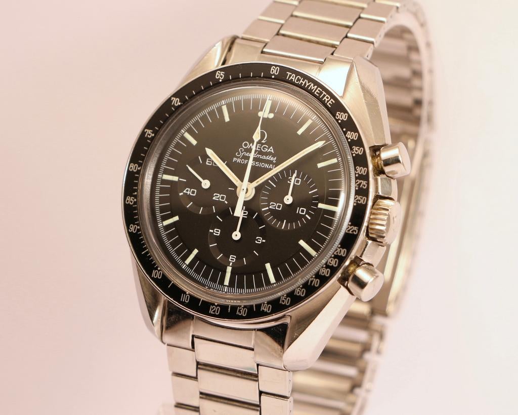 Omega Moonwatch Straight Writing, Handtassen en Accessoires, Horloges | Heren, Staal, Gebruikt, Staal, Polshorloge
