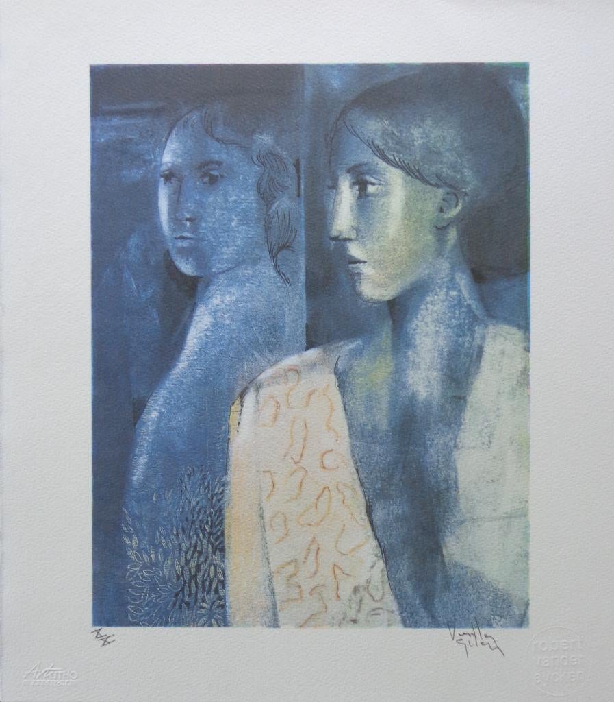 ROBERT VAN DER EYCKEN / SPIEGELBEELD / KLEURLITHO / 40x35cm, Antiquités & Art, Signé, Enlèvement ou Envoi