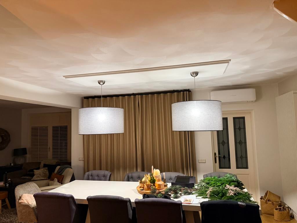Grijze dubbele hanglamp gestoffeerd, zeer netjes, Ophalen, Stof, 75 cm of meer, Landelijk