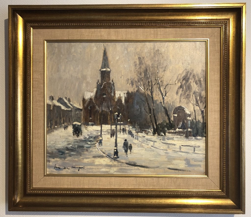 Église Sainte-Croix d'Ixelles en hiver, Antiquités & Art, Enlèvement, Paysage urbain / rural, Signé, Peinture à l'huile