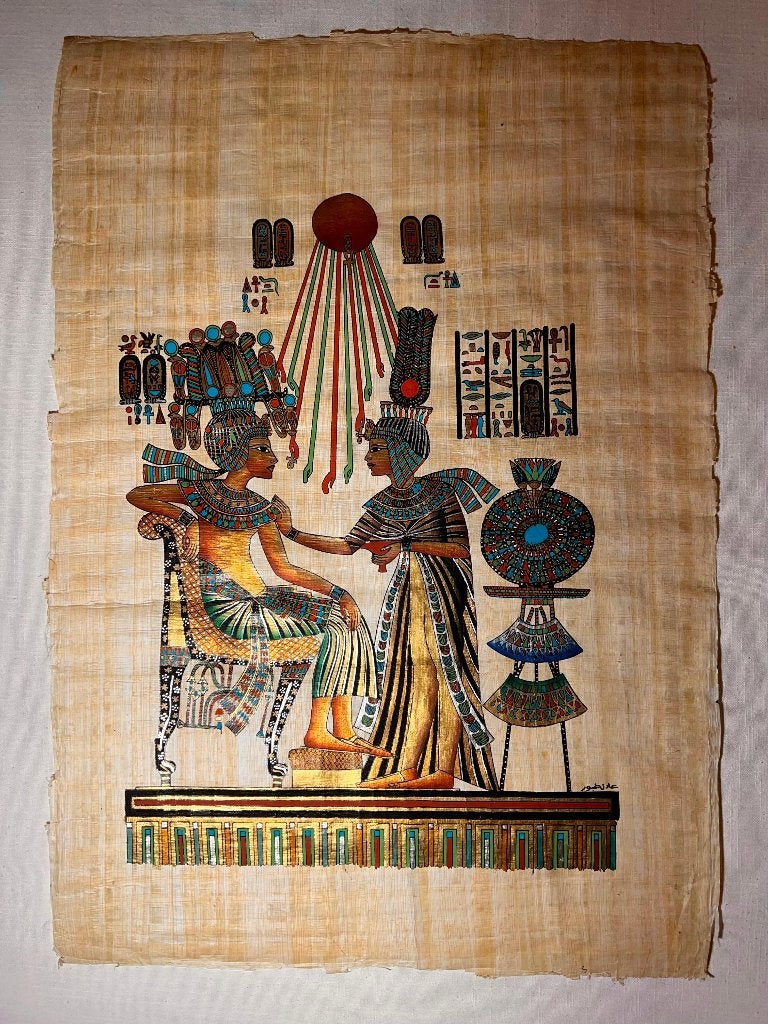 Egyptisch papyrus schilderij Tutankhamun & Ankhesenamun, Antiquités & Art, Peint à la main, Portrait ou Personnes, Enlèvement