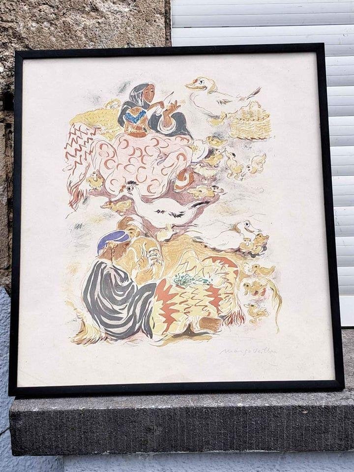 Lithographie femme avec les canard signe marsoveillon, Ophalen of Verzenden, Lithografie