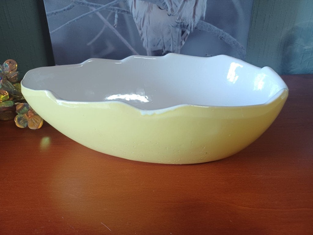Bol en céramique vintage jaune/blanc (31 cm), Envoi