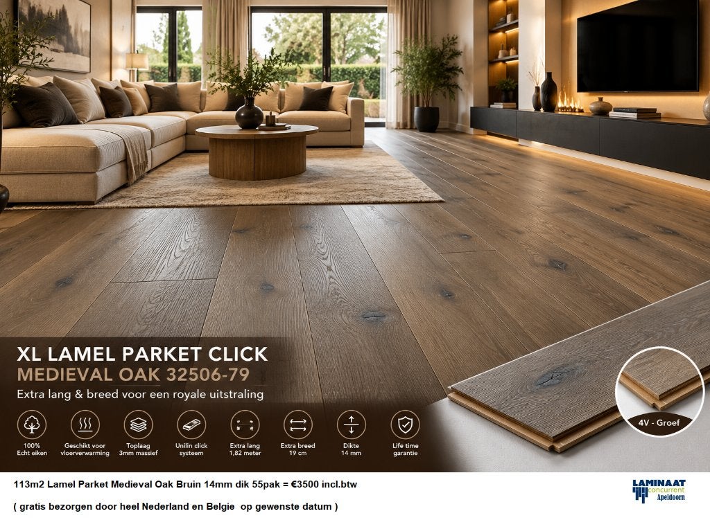 113m2 Lamel Parket Medieval Oak Bruin 14mm dik 55pak= €3500, Parket, Bruin, 75 m² of meer, Nieuw