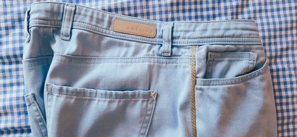 Te koop: Mooie jeansbroek van "Mayerline, Améline" 42., Ophalen, Blauw, Zo goed als nieuw, "Mayerline, Améline"