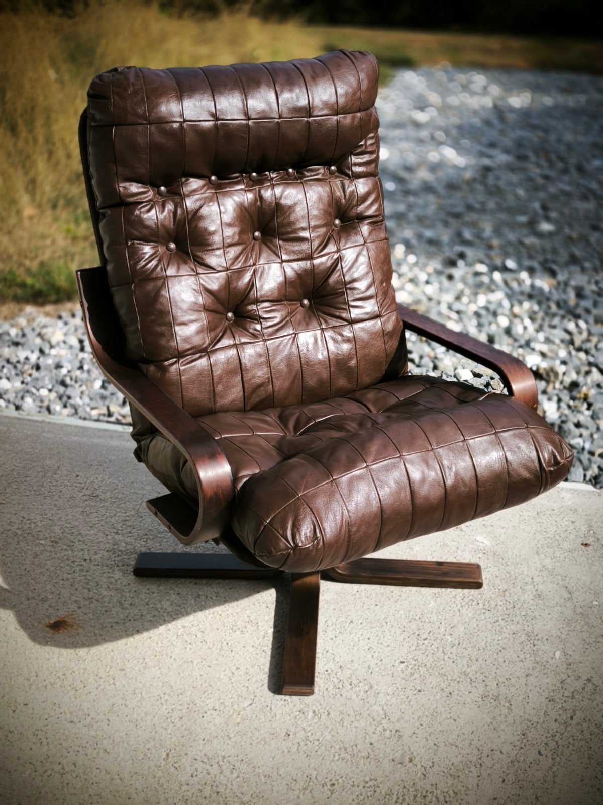 Scandinavische leren draaifauteuil, jaar 1970, Ophalen, Gebruikt, Leer, Vintage