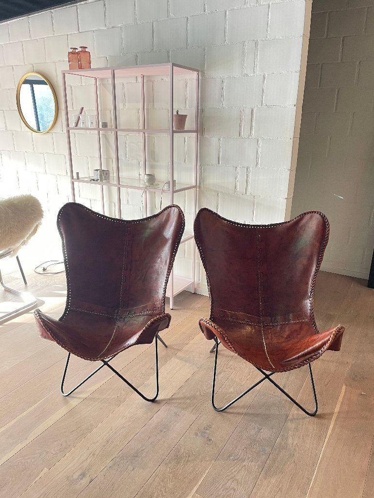 2 lederen vlinderstoelen cognac J-Line Jolipa, Enlèvement, Utilisé, Cuir