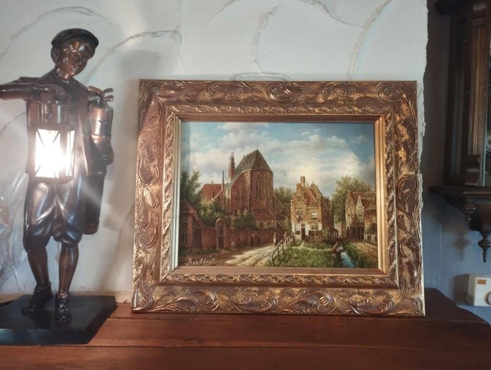 Olieverf. Jan BEEKHOUT - Dorpsgezicht, Ophalen, Olieverf