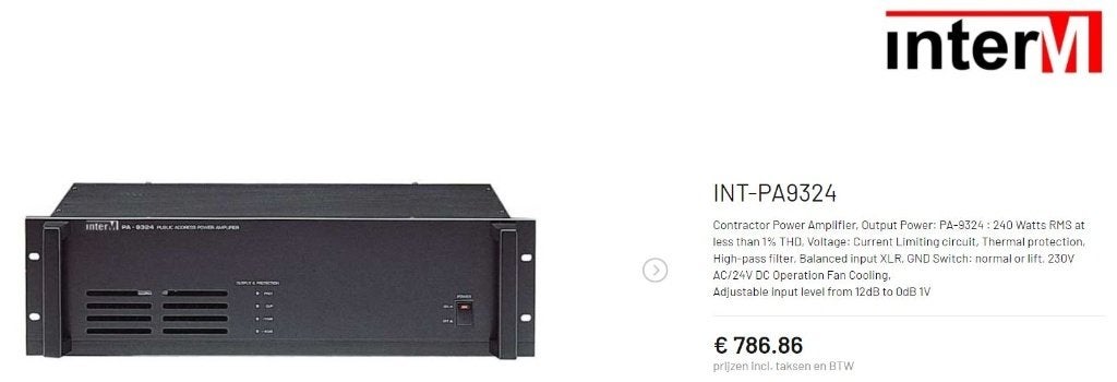 INTER-M PA-9324 Power Amplifier, Versterker 240W, Ophalen, Gebruikt, 120 watt of meer