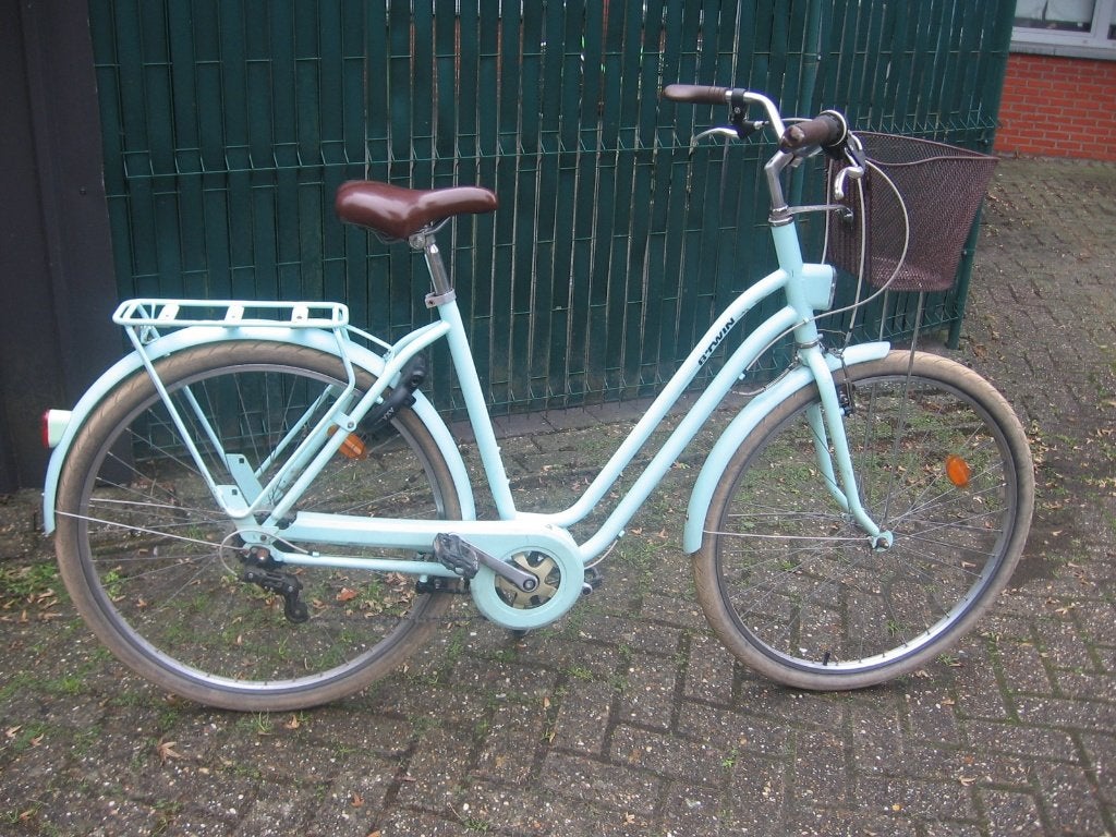28 inch groene Btwin damesfiets met mandje , 6 versnellingen, Gebruikt, Velgrem, Versnellingen, 50 tot 53 cm