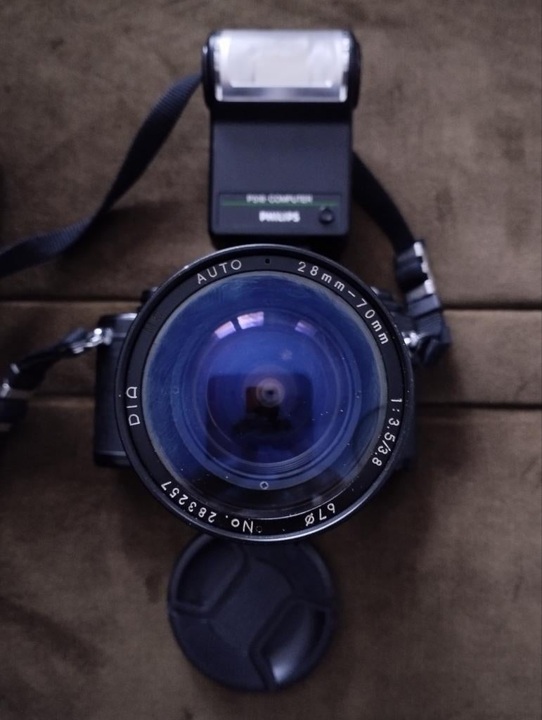 Nikon EM camera met 28-70mm zoom lens, Philips flitser, Ophalen of Verzenden, Gebruikt, Spiegelreflex, Nikon