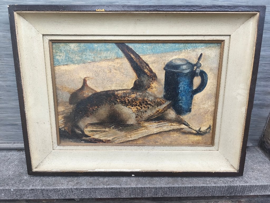 huile sur toile marouffle nature morte signe taf wallet, Antiquités & Art, Enlèvement ou Envoi, Nature morte, Toile