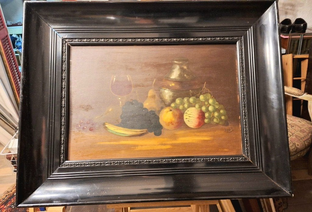 Klassiek stilleven met fruit en wijn, Antiek en Kunst, Doek, Stilleven, Ophalen of Verzenden, Gesigneerd